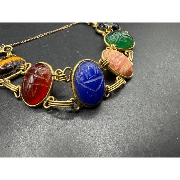 Vintage Signed 12k Gold Filled Multi Gemstone Cabochon Carved Scarab Bracelet 7" - Picture 2 of 11